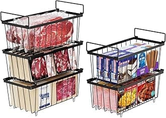 iSPECLE Chest Freezer Baskets - 5 Pack Stackable Organiser for 198L Deep Freezer, Easy Sort and Get Food with Handles, Add Space and Allow Air Circulation for Better Freshness, Black