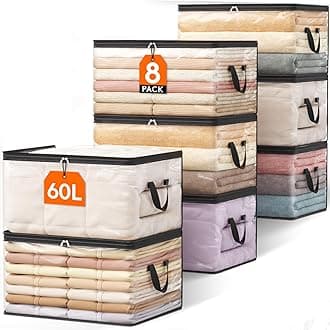 Lifewit 8 Pack Clear Clothes Storage Bags, 60L Plastic Blanket Vinyl Foldable Moving Bags with Zipper, Closet Organizers and Storage Containers for Bedding, Duvet, Pillow