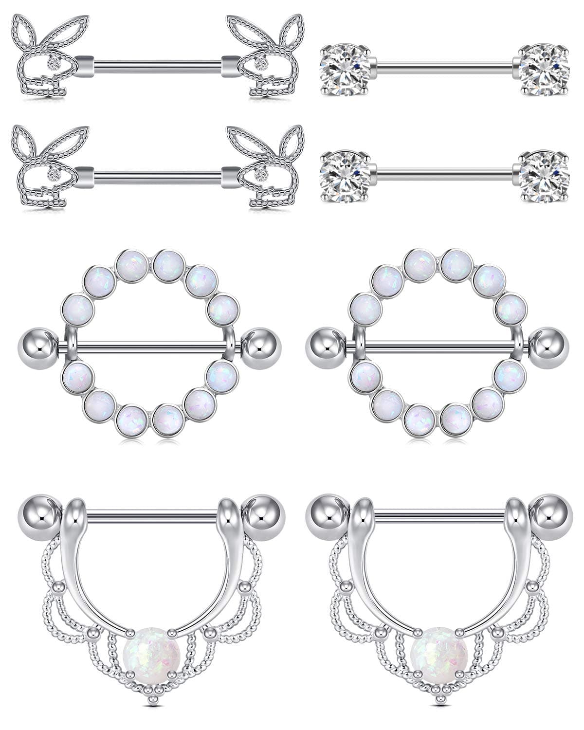 Crdifu Silver Nipple Bars Nipple Shield Rings Set 14G Stainless Steel 16mm Nipple Piercing Jewellery CZ Opal Crystal