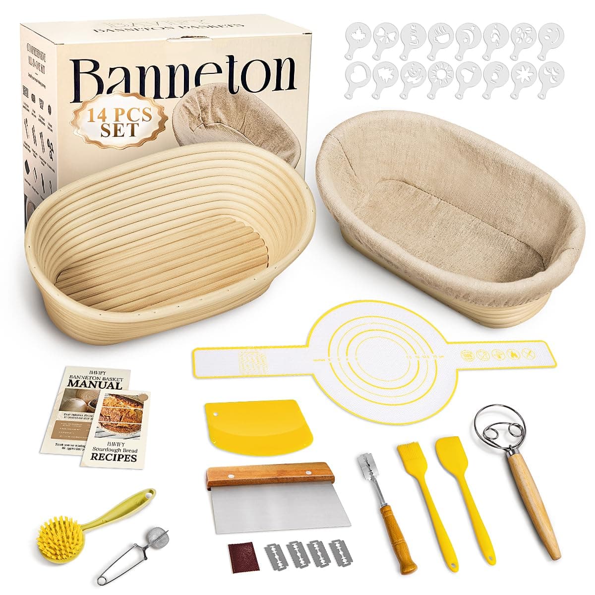 Sourdough Starter Kit, Banneton Bread Proofing Baskets Set, Sourdough Bread Baking Supplies Making Tools with Dough Scraper, Whisk, Bread Lame, Recipe