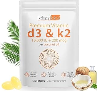 Vitamin D3 K2 Supplement Softgel, Vitamin D3 K2 Softgel with 10000 IU Supports Immune, Heart, Teeth & Bone Health, Free of GMO, Gluten, Soy