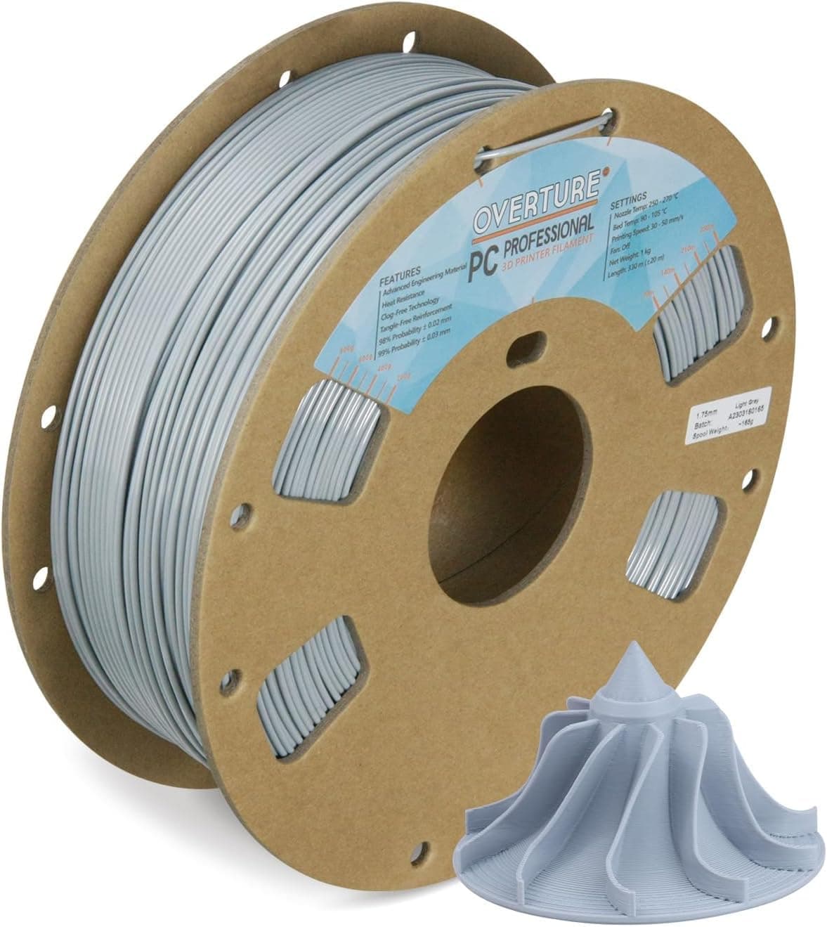 OVERTURE PC PROFEESIONAL Filament, Cardboard Spool, 1kg(2.2lbs), Dimensional Accuracy 99% Probability +/- 0.03mm, Fit Most FDM Printer (PC Light Grey)