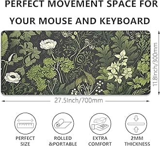 Sage Green Floral and Plant Desk Pad Mouse Pad,Large Gaming Mouse Mat with Stitched Edges,Non-Slip Waterproof Rubber Base Mous Mat for Office Computer Keyboard Laptop Home(27.5X11.8 in)