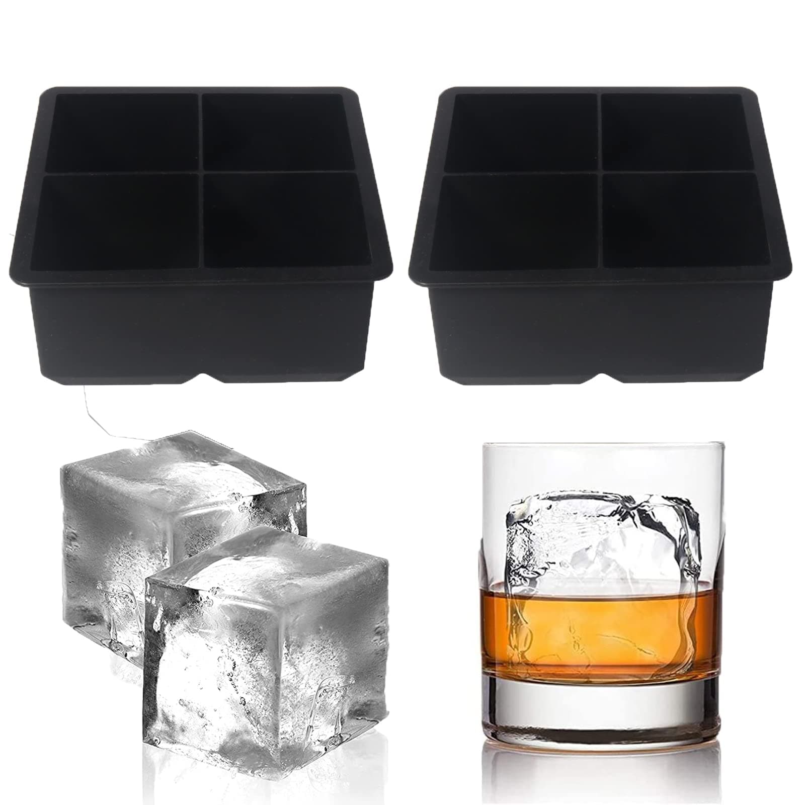 Large Ice Cube Trays Silicone (2.5-Inches) - Giant Cocktail Silicone Ice Maker, Scotch Whiskey Ice Cube, Easy Release Reusable Ice Cubes,Food Grade (Black 2 Tray)