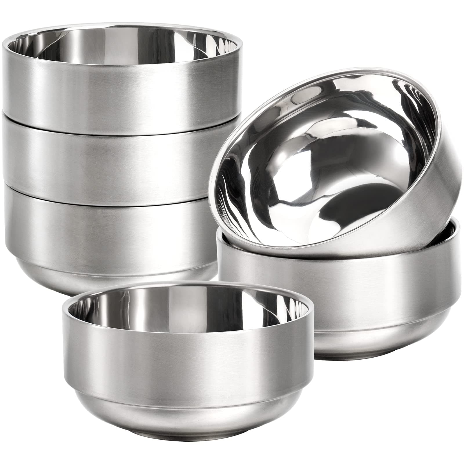 Lyellfe 6 Pack 18/8 Stainless Steel Bowls, 12 Oz/ 340ML Double Walled Insulated Soup Bowls, Unbreakable Snack Bowl Dessert Bowls for Rice, Cereal, Ice Cream, Hot Cold Foods, Lead-free, Dishwasher Safe