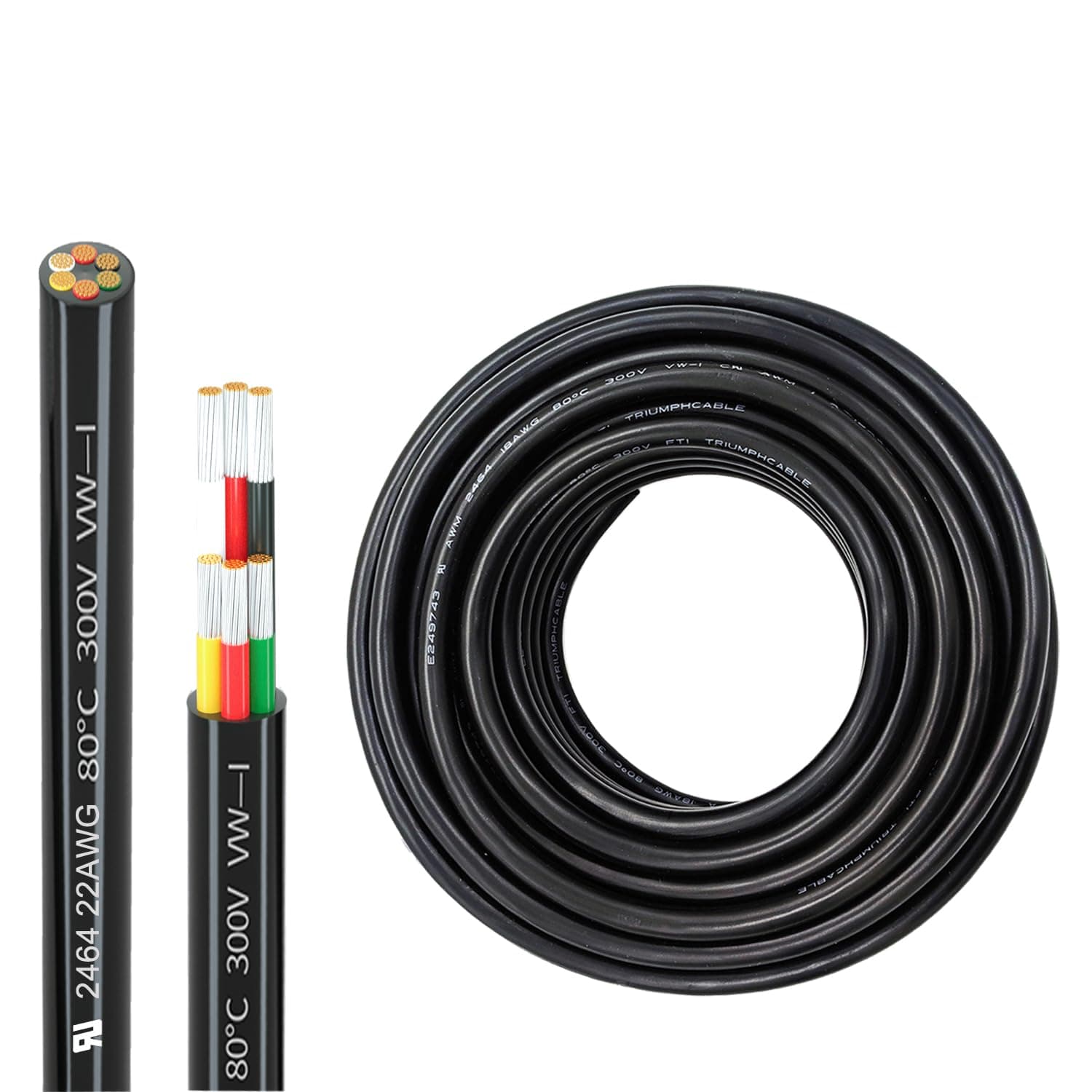 22 Gauge Wire, 6-Conductor Electrical Wire. 22 AWG Stranded Flexible PVC Tinned Copper 22/6 Cord Extension Cable is Used for LED Lamp Lighting, Automotive, Speaker, Audio, Power, etc. (33FT - 10M).