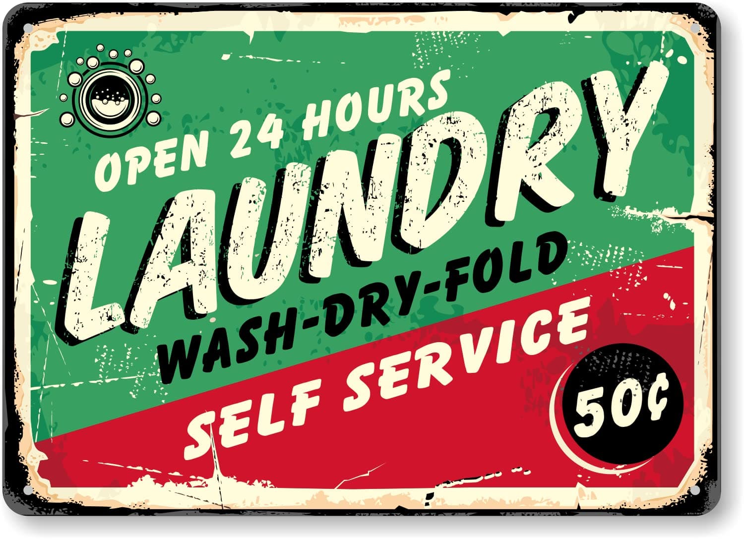 SmartSign “Open 24 Hours, Self Service - Wash, Dry, Fold - 50 Cents” Vintage Laundry Room Wall Sign, 10 x 14 inch, 40 mil Laminated Rustproof Aluminum, Rustic Wall Décor, Multicolor, Made in USA