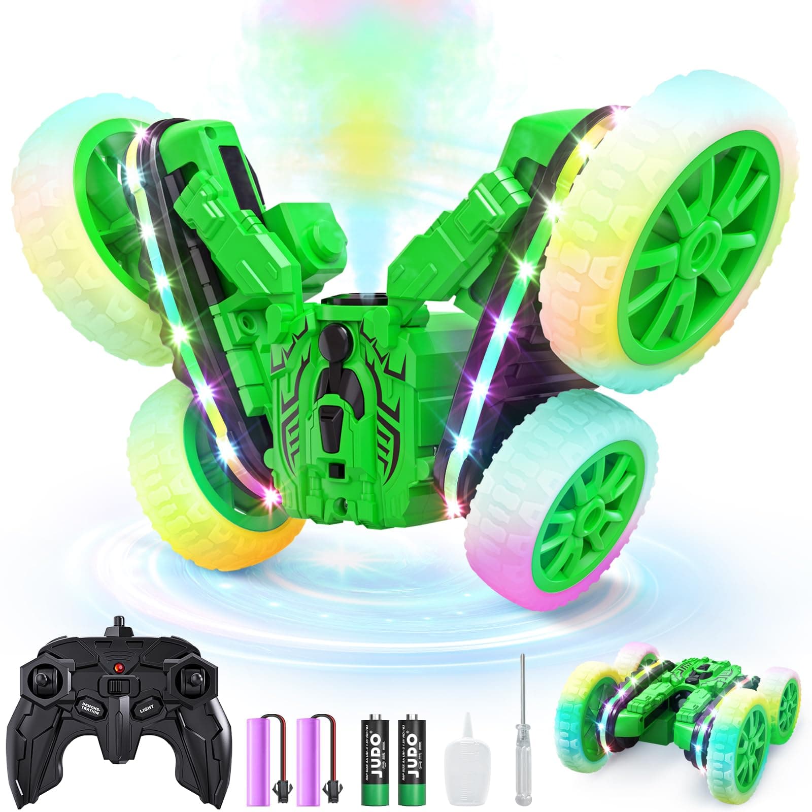 Remote Control Car,RC Cars with Sides Light and Headlights,360°Rotating 4WD Spray RC Stunt Car,2.4Ghz All Terrain Toy Car for Boys Age 4-7 Kids Toy for 8-12 Boys Girls Birthday Gift(Green)