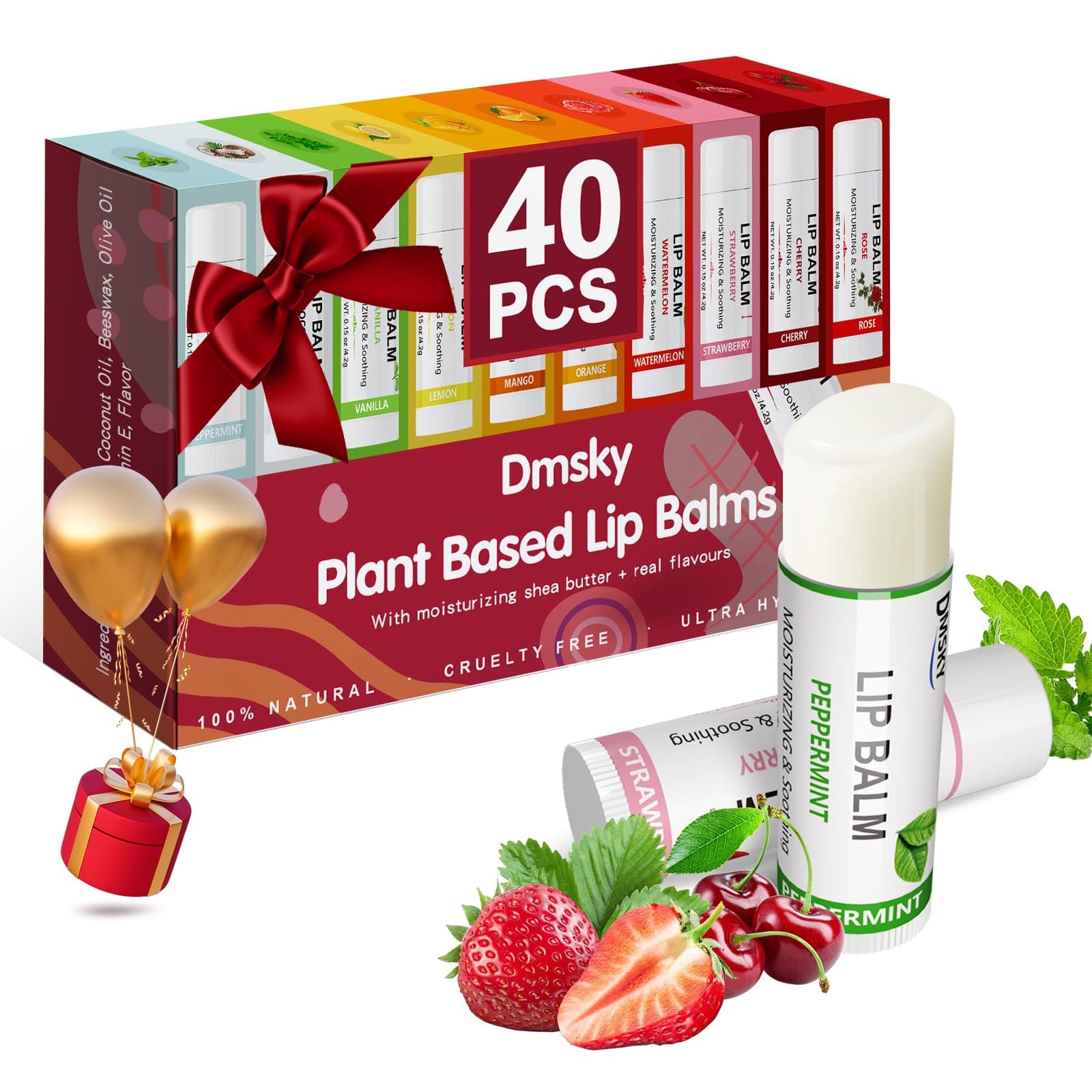 40 Pack Lip Balm Bulk, Fruit Lip Balm Variety Pack, Natural Moisturizing Balms for Dry Cracked Lips, Hydrating for Men Women Kids - 10 Flavors