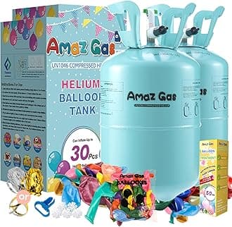 AmazGas 7L Helium Gas Tank With 7.5 cu.ft 99.99% Pure Helium Gas, Filled with 30 Counts 10 inch latex balloons and 50ml balloons treatment liquid for party, Blue (2 box)