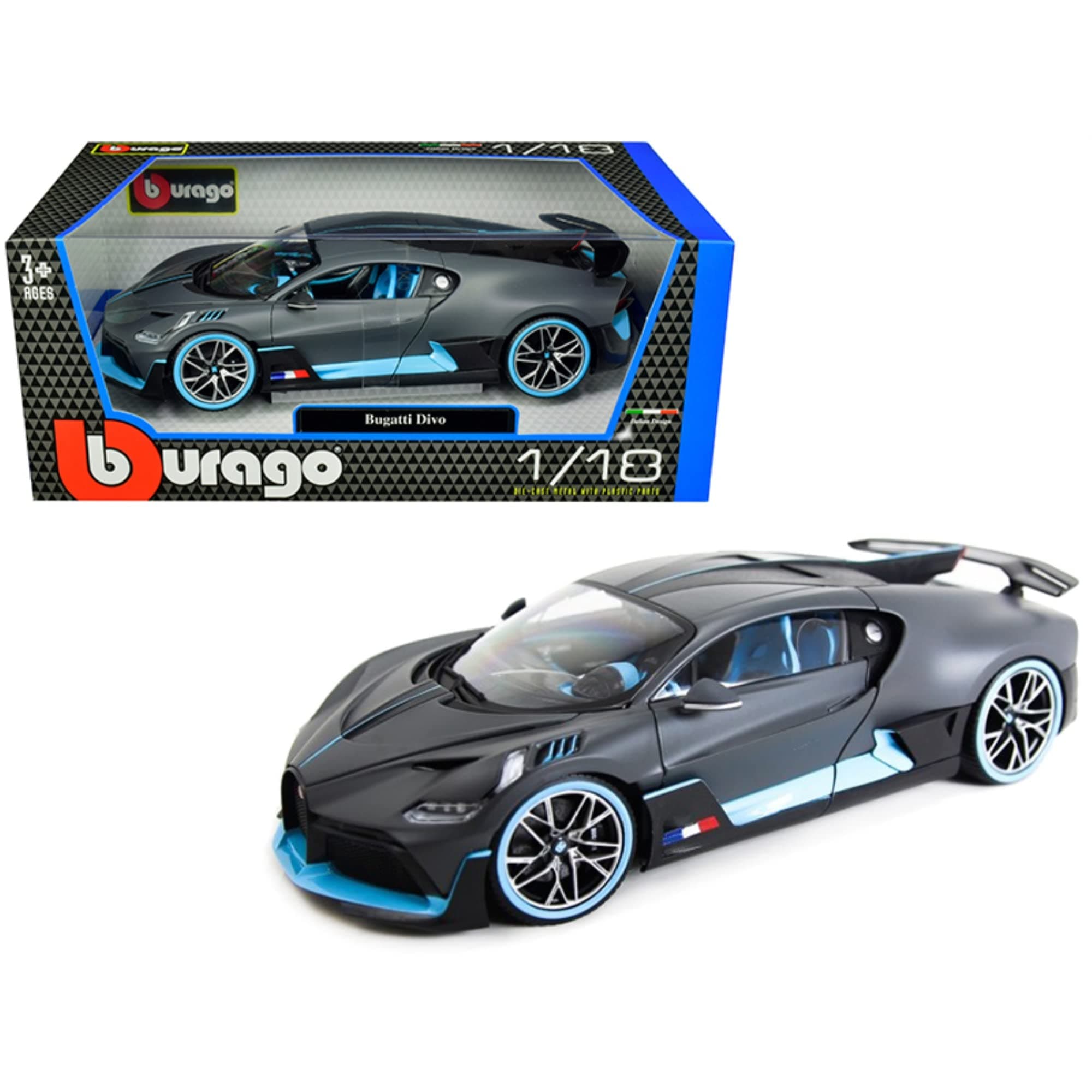 Bugatti Divo Matt Gray with Blue Accents 1/18 Diecast Model Car by 11045