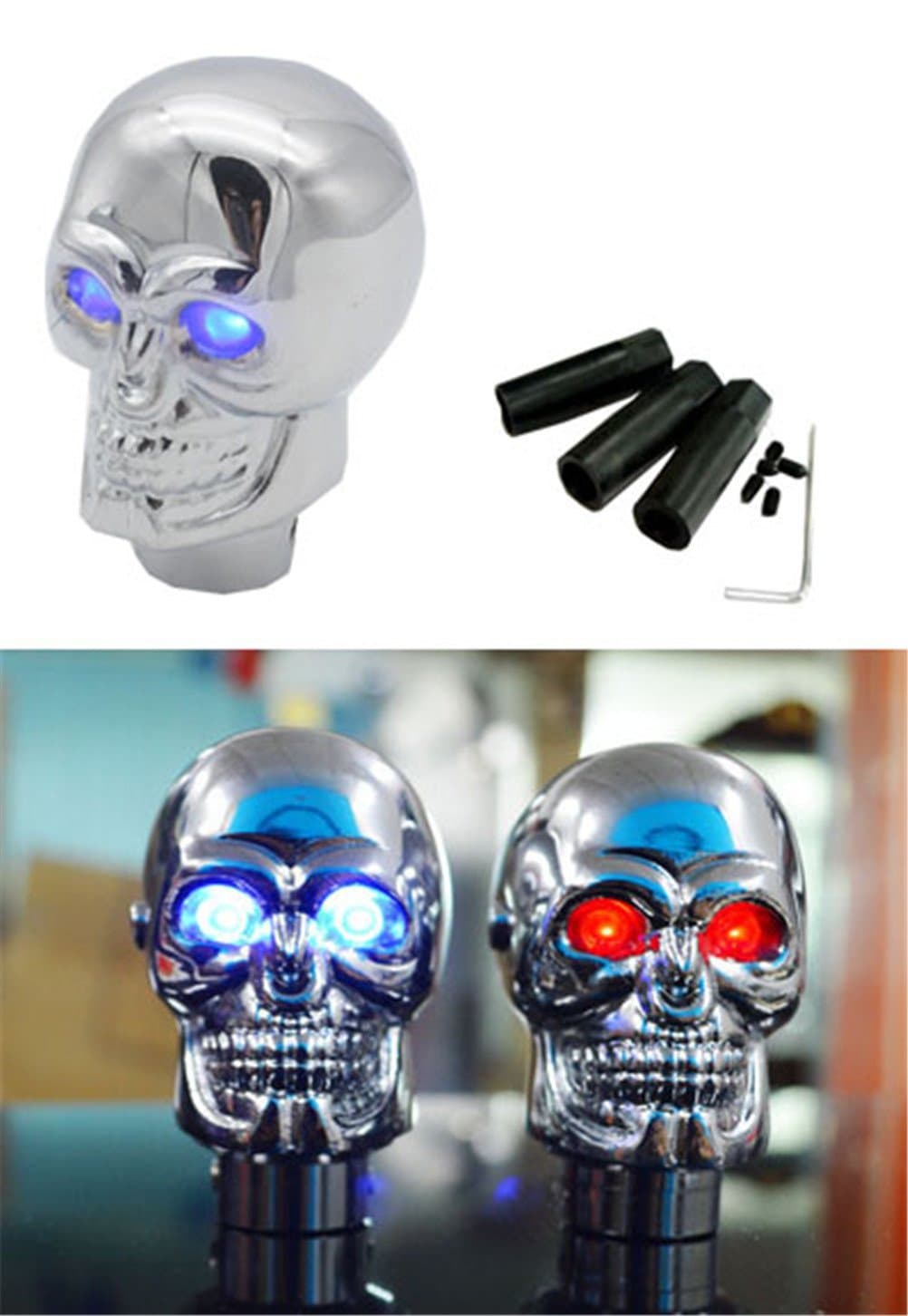 EKYAOMEI Skull Chrome Gear Shift Knob Automatic Transmission Stick Shifter Lever Head With Red Led Light (Blue)