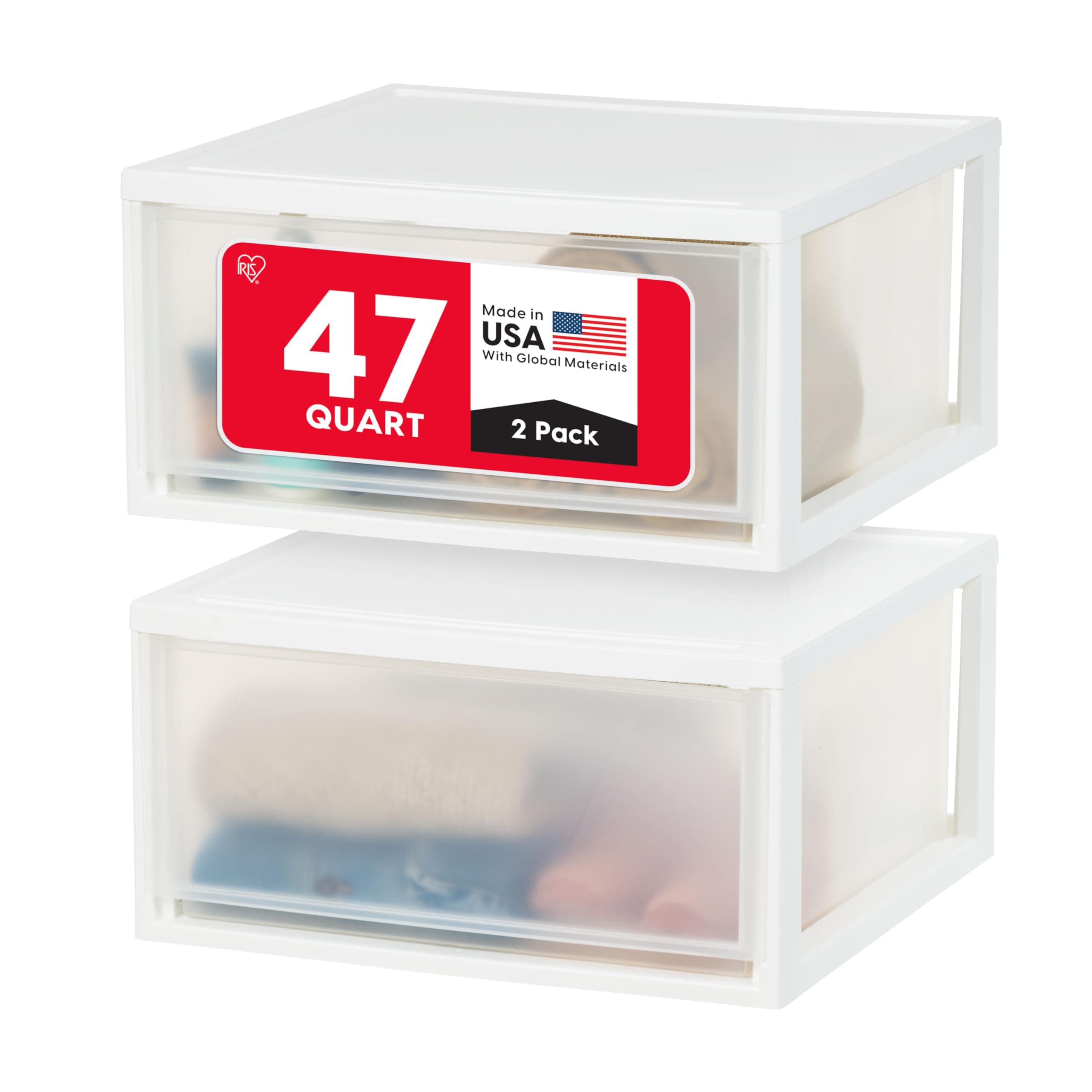 IRIS USA 47 Qt. Extra-Large Stackable Storage Drawer Plastic Drawer Organizer with Clear Doors, for Pantry Bedroom Closet Kitchen Under-Sink Home and Office De-Clutter Shoes and Crafts, White, 2-Pack