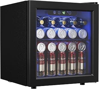 - 48 Can Beverage Refrigerator Cooler, Mini Fridge Glass Door with Adjustable Shelves, Freestanding Beverage Fridge with Blue LED for Home/Office/Dorm/Bar, 1.3 Cu.ft