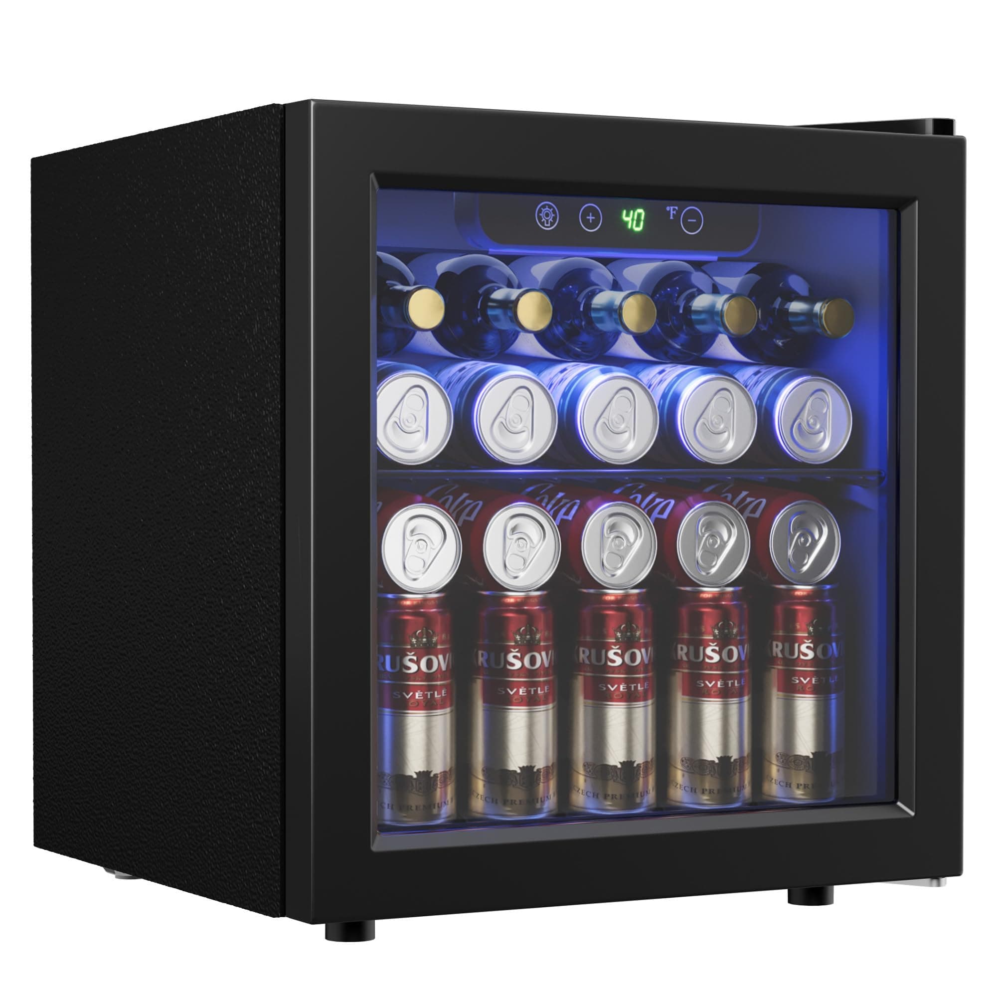 48 Can Beverage Refrigerator Cooler, Mini Fridge Glass Door with Adjustable Shelves, Freestanding Beverage Fridge with Blue LED for Home/Office/Dorm/Bar, 1.3 Cu.ft