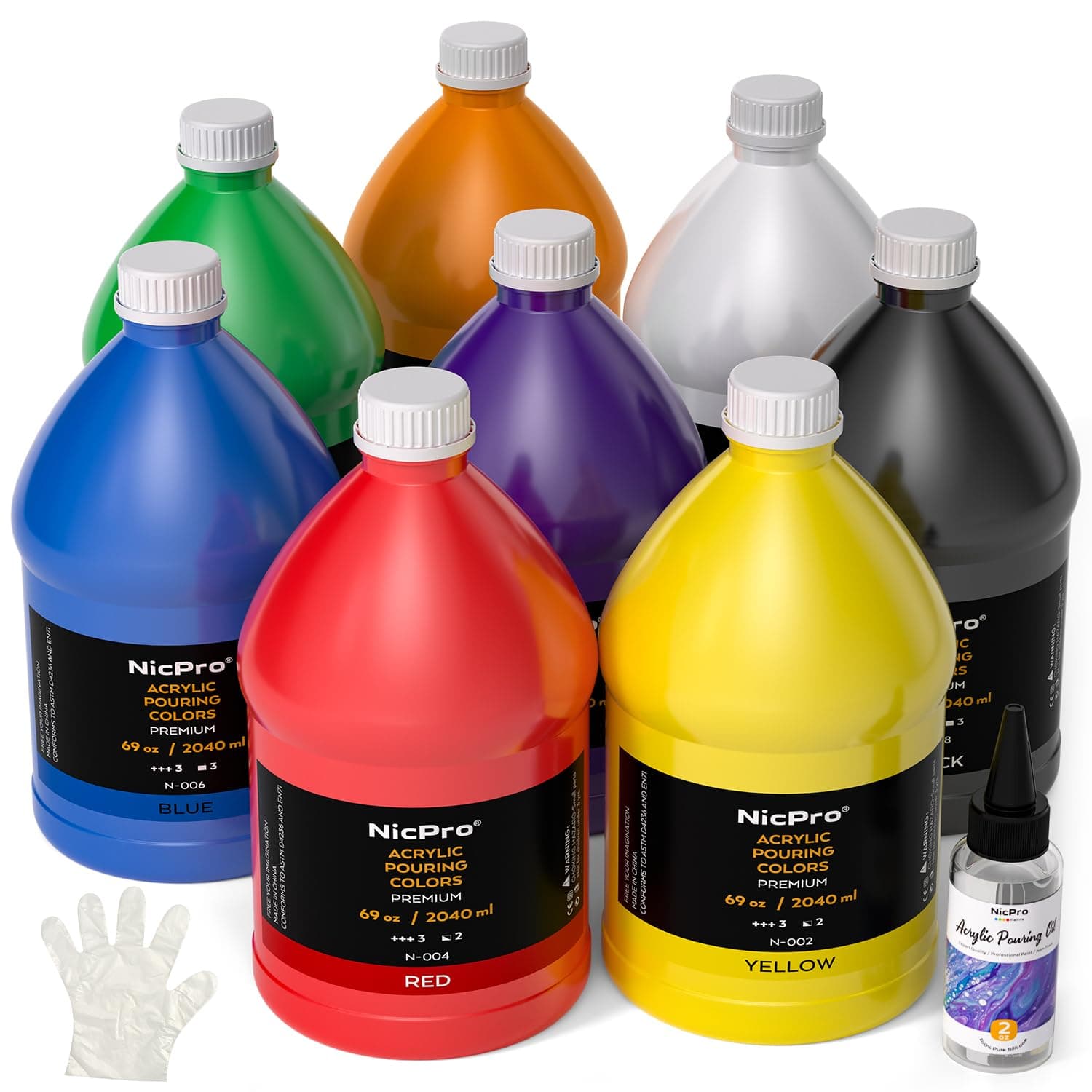 8 Colors Large Bulk Acrylic Pour Paint Set (69oz,2040ml) Premixed High Flow Art Pouring Paint Supplies Kit with Silicone Pour Oil, Gloves for Beginner Cell Creation Flow DIY, Ready to Pour