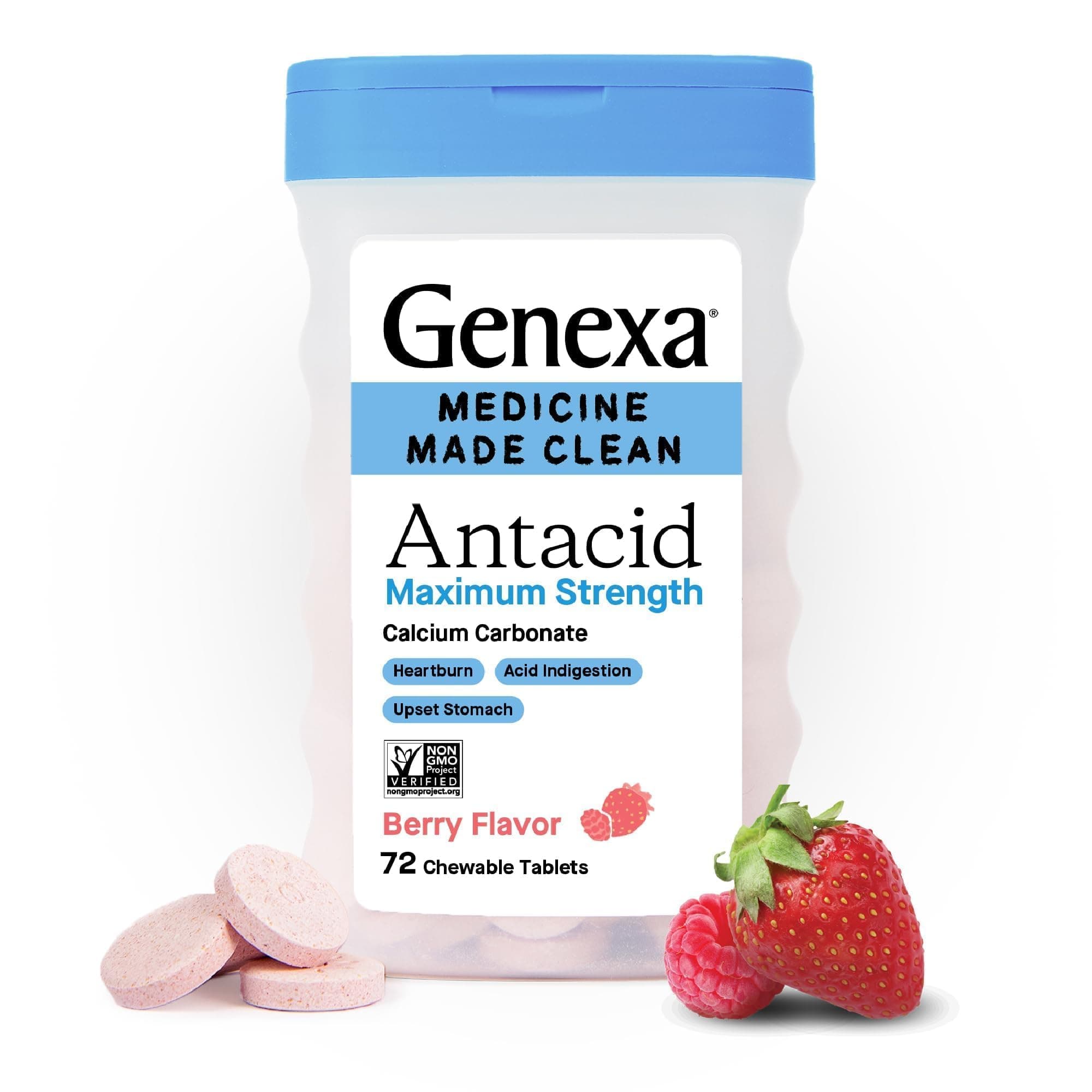 Genexa 3 Pack Clean Antacid Chewable Tablets | Maximum Strength Calcium Carbonate for Heartburn, Acid Indigestion & Upset Stomach Relief | Dye Free, 0% Artificial Additives | Berry Flavor, 216ct