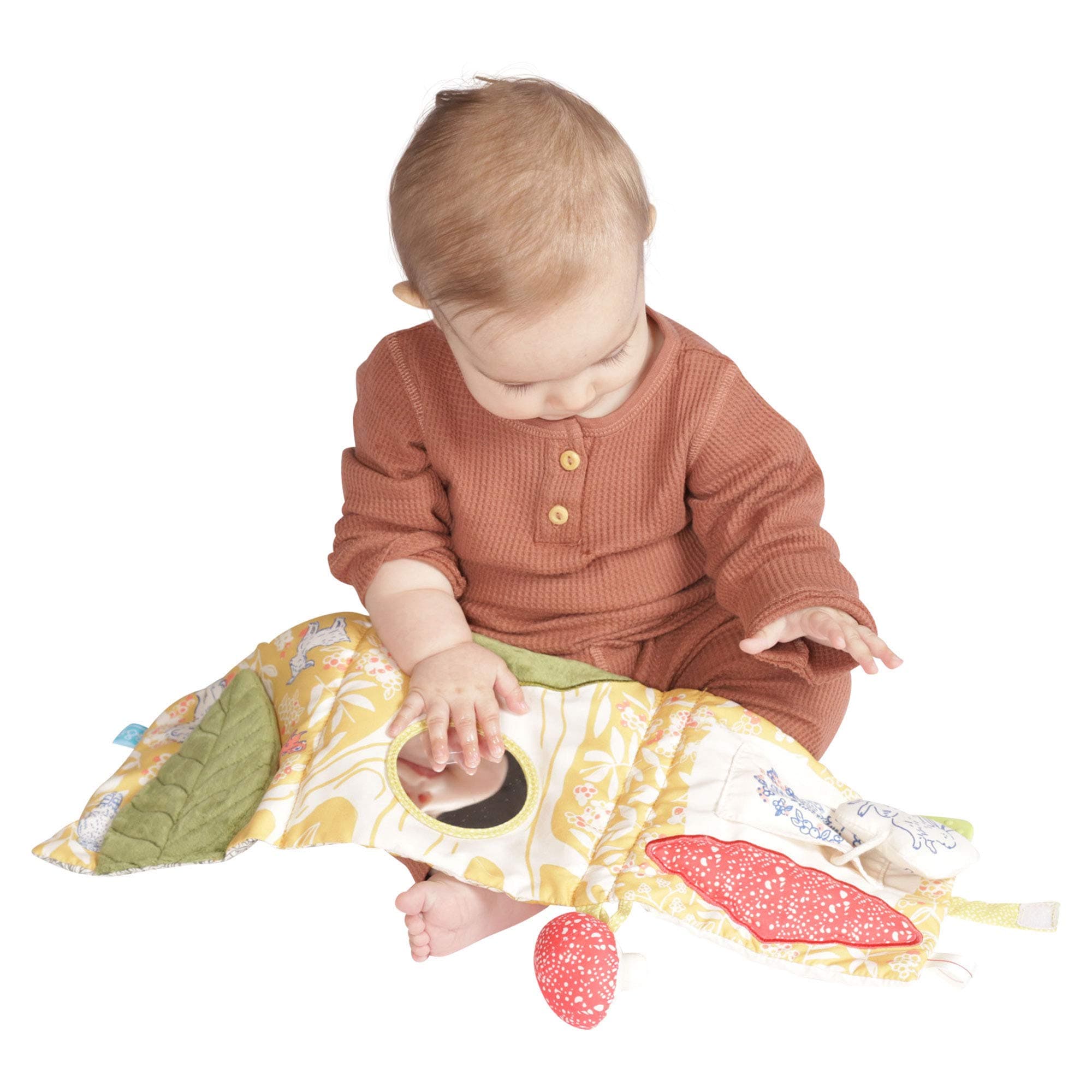 Manhattan Toy Deer One Soft Activity Crinkle Book & Fold Out Pat Mat for Baby and Toddler with Squeaker, Discovery Mirror and Teether