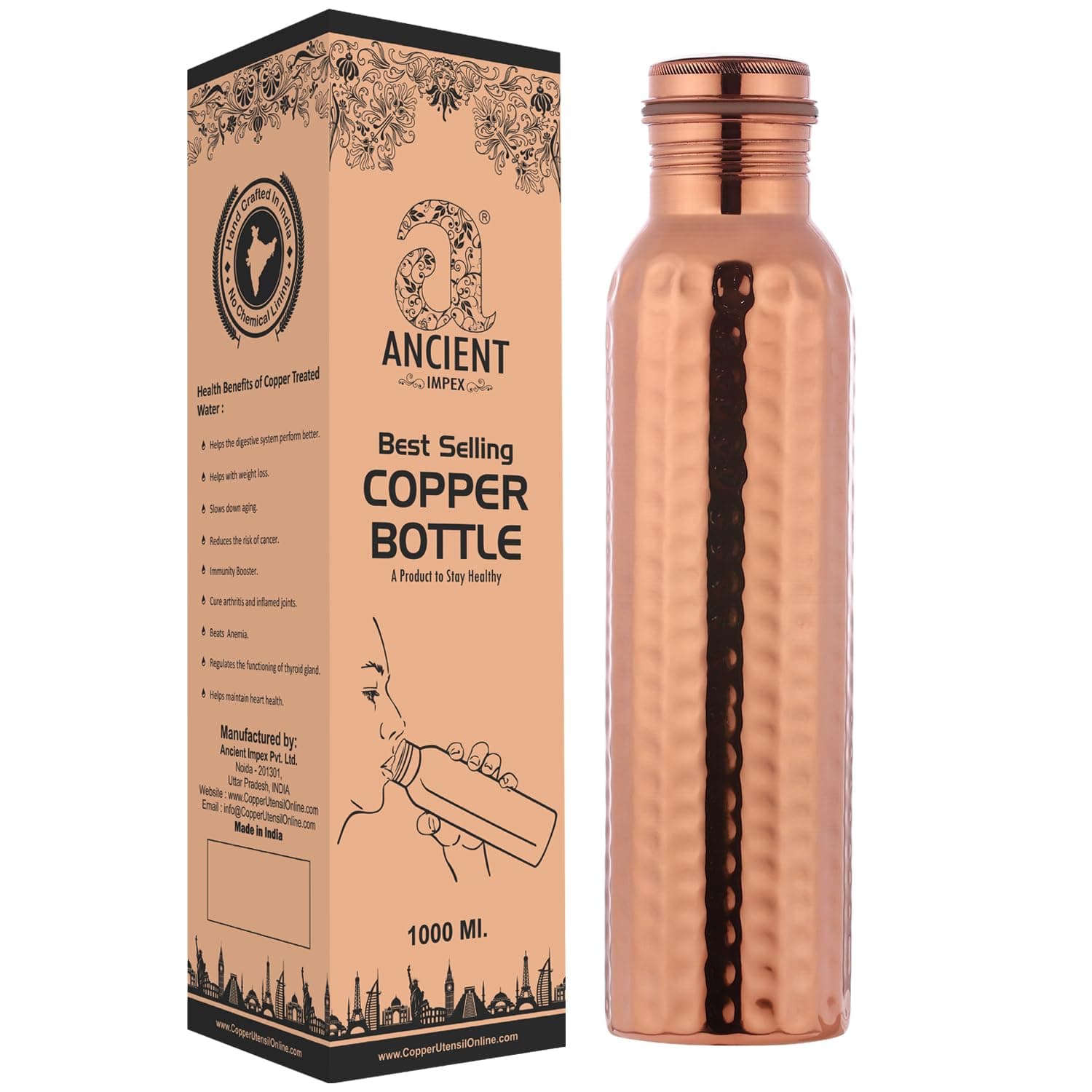 Ancient Impex Pure Copper Hammered Water Bottle 1000 ML | Seamless Leakproof Water Bottle for Ayurvedic Benefits
