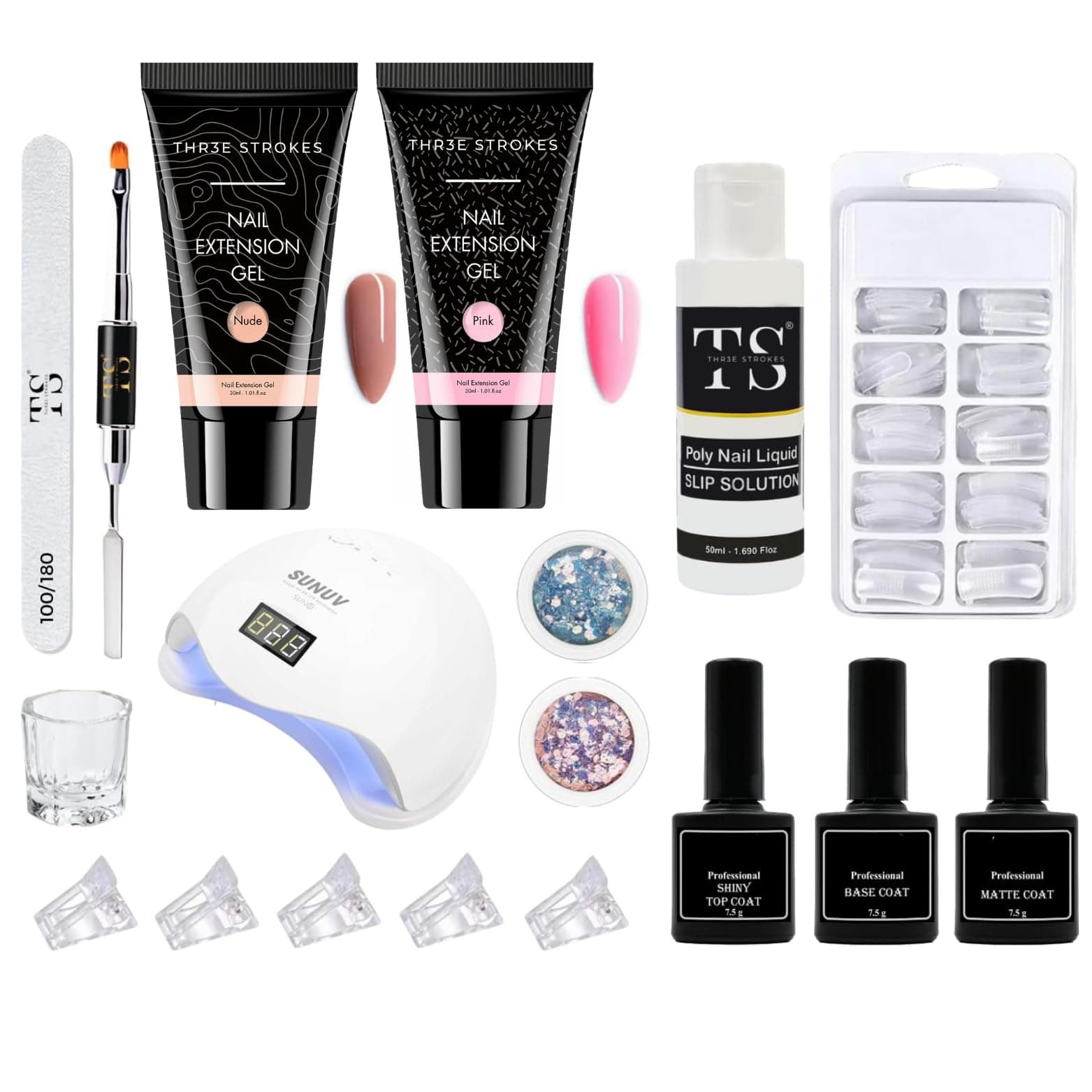 Nail Extention Polygel Kit WITH UV LAMP- TWO POLYGEL TUBES 30 ML SLIP SOLUTION DAPIN DISH 5 POLYCLIP 2 GLITTER FLAKES TOP COAT BASE COAT MATT COAT 100 POLYGEL MOULDS BUFFER POLYGEL TOOL WITH SPATULA