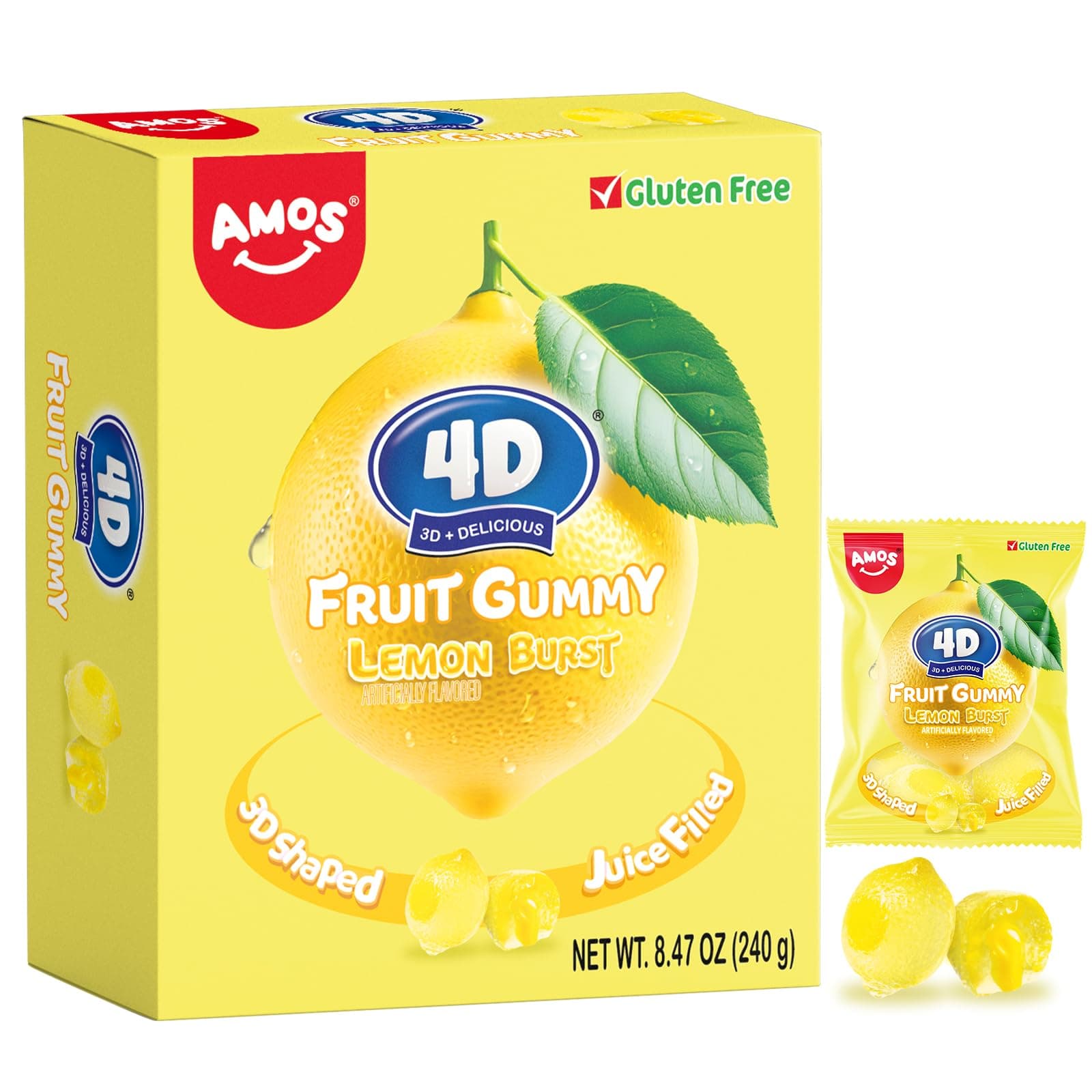 4D Fruit Gummy Candy – Lemon Burst Flavor, 8.47oz Bag – 3D Shaped, Juice-Filled Gummies – Fun & Delicious Snack, Gluten-Free, Kid & Family Favorite
