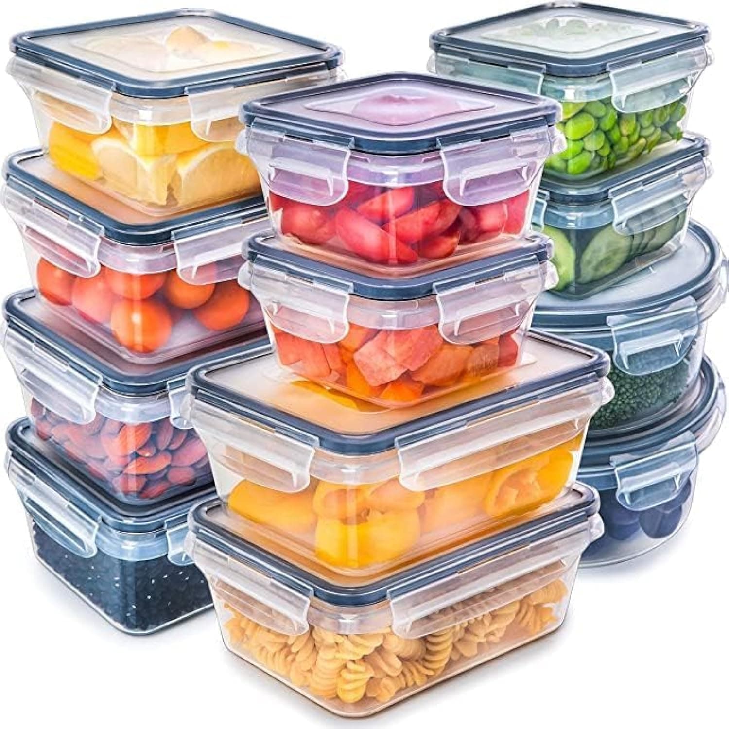 MahMir® Airtight Meal Prep Container Set with Locking Lids, 12pcs Re-usable Plastic Food Storage Containers, Stackable Kitchen Organizer Boxes, BPA Free & Microwave Freezer Dishwasher Safe (12pcs Set)