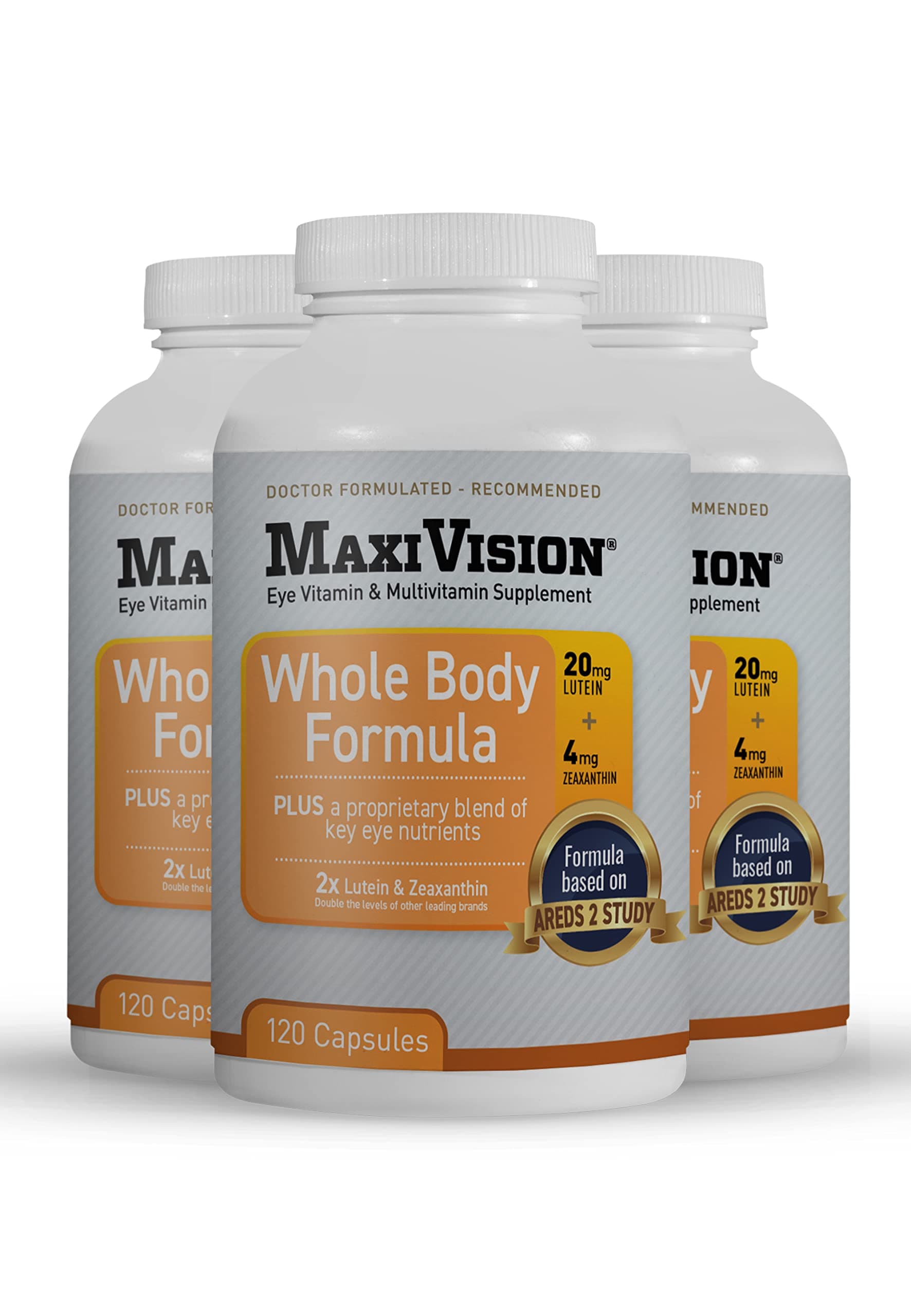 MaxiVision® AREDS 2 Whole Body Formula - AREDS 2 Eye Vitamins w/Lutein and Zeaxanthin - for Macular Support - Eye Supplements for Eye Strain - 120 Capsules Count, 3 Bottles