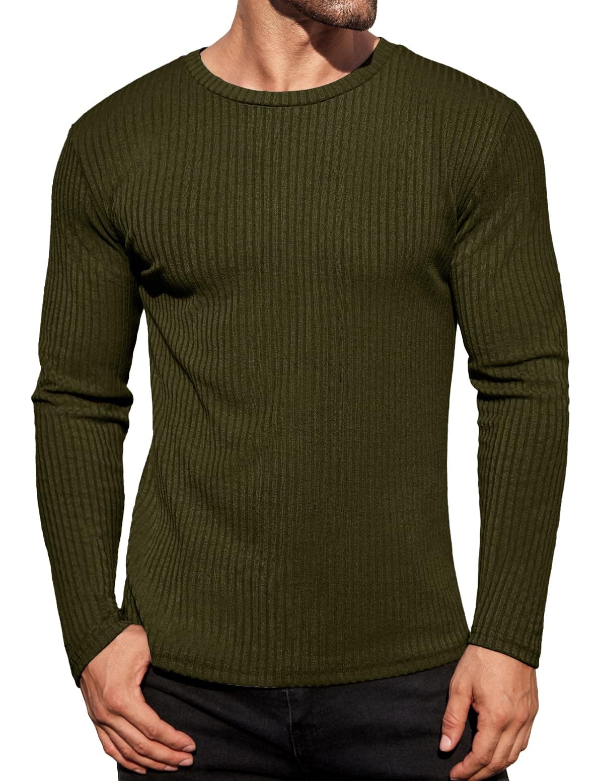EkouaerMen's Long Sleeve Shirts Ribbed Pullover Sweater Sim Fit Thermal Tops Crew Neck Stretchy Undershirts S-XXL