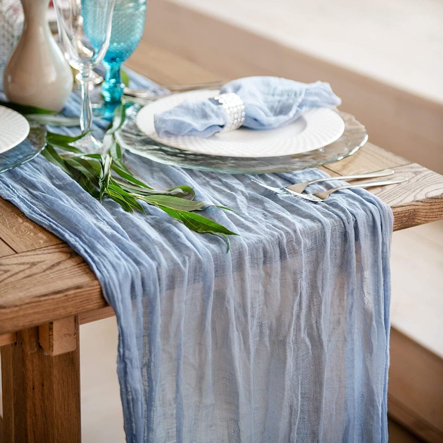 YHRY3m Cheesecloth Table Runner, Dusty Blue Wedding Table Runner, 90x300 cm Boho Gauze Table Runner, Rustic Sheer Table Decor for Romantic Bridal Shower, Baby Shower, Birthday Party, (GDS)