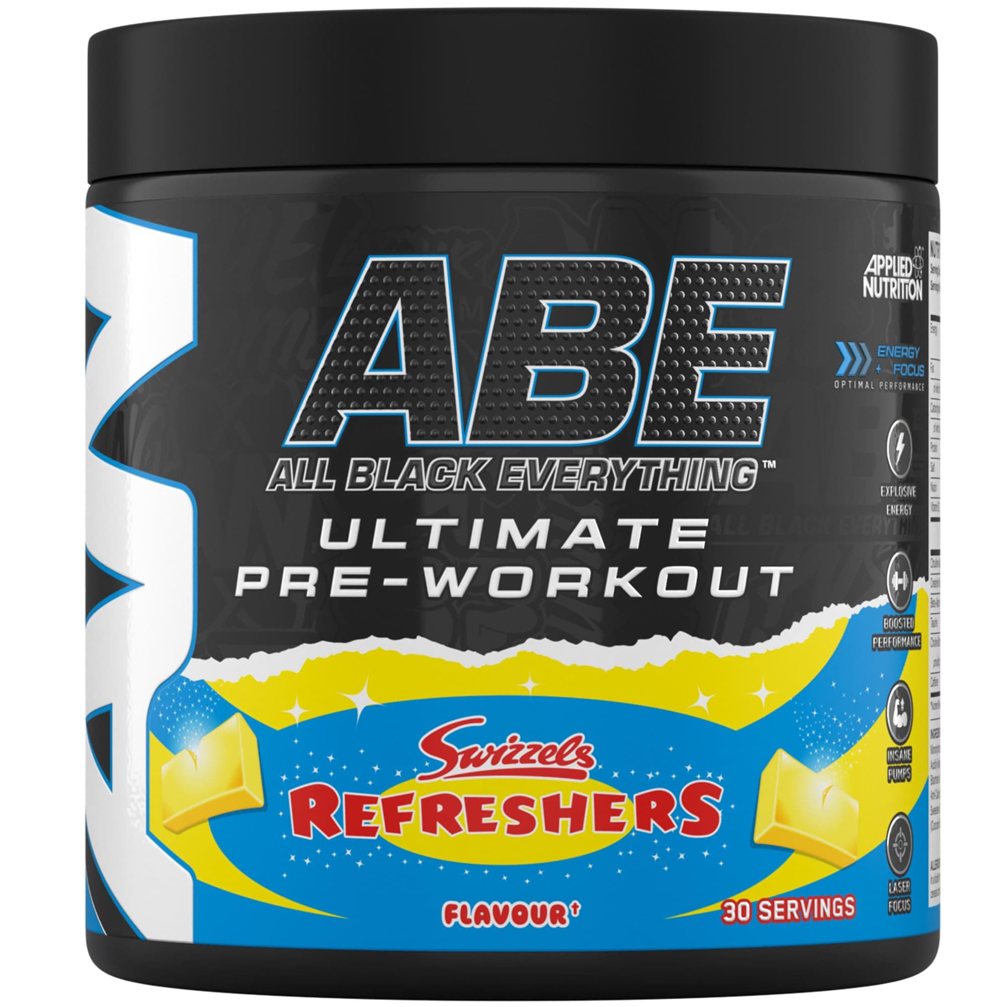 Applied Nutrition ABE All Black Everything Pre Workout Powder Energy, Physical Performance with Citrulline, Creatine, Beta Alanine, Caffeine, VIT B Complex (30 Servings, Swizzels Refreshers Lemon)