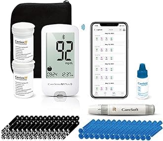 CareSens N Plus Bluetooth Blood Glucose Monitor Kit with 100 Blood Sugar Test Strips, 100 Lancets, 1 Blood Glucose Meter, 1 Lancing Device, Travel Case for Diabetes Testing Kit (Auto-Coding Glucometer kit with 1 Control Solution) for Personal Use