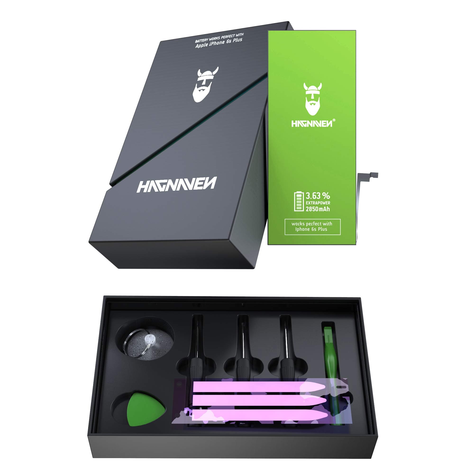 Hagnaven® Li-ion battery compatible with Apple iPhone 6s plus The most powerful replacement battery with premium tools 2850 mAh unbeatable power and pure strength High-end quality accumulator cells