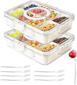 Snackle Box Container,Portable Snack Box 8 Compartment Divided Serving Tray with Lid and Handle,Clear Storage Organizer for Fruit Candy Nuts Veggie-Perfect for Road Travel Party（2 Pack）