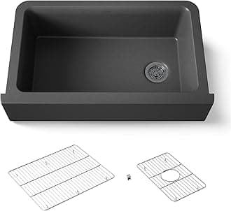 KOHLER K-25786-CM7 Cairn 34" Undermount Single-Bowl Farmhouse Kitchen Sink, Neoroc Composite Kitchen Sink with Sink Rack and Towel Hook, Matte Graphite
