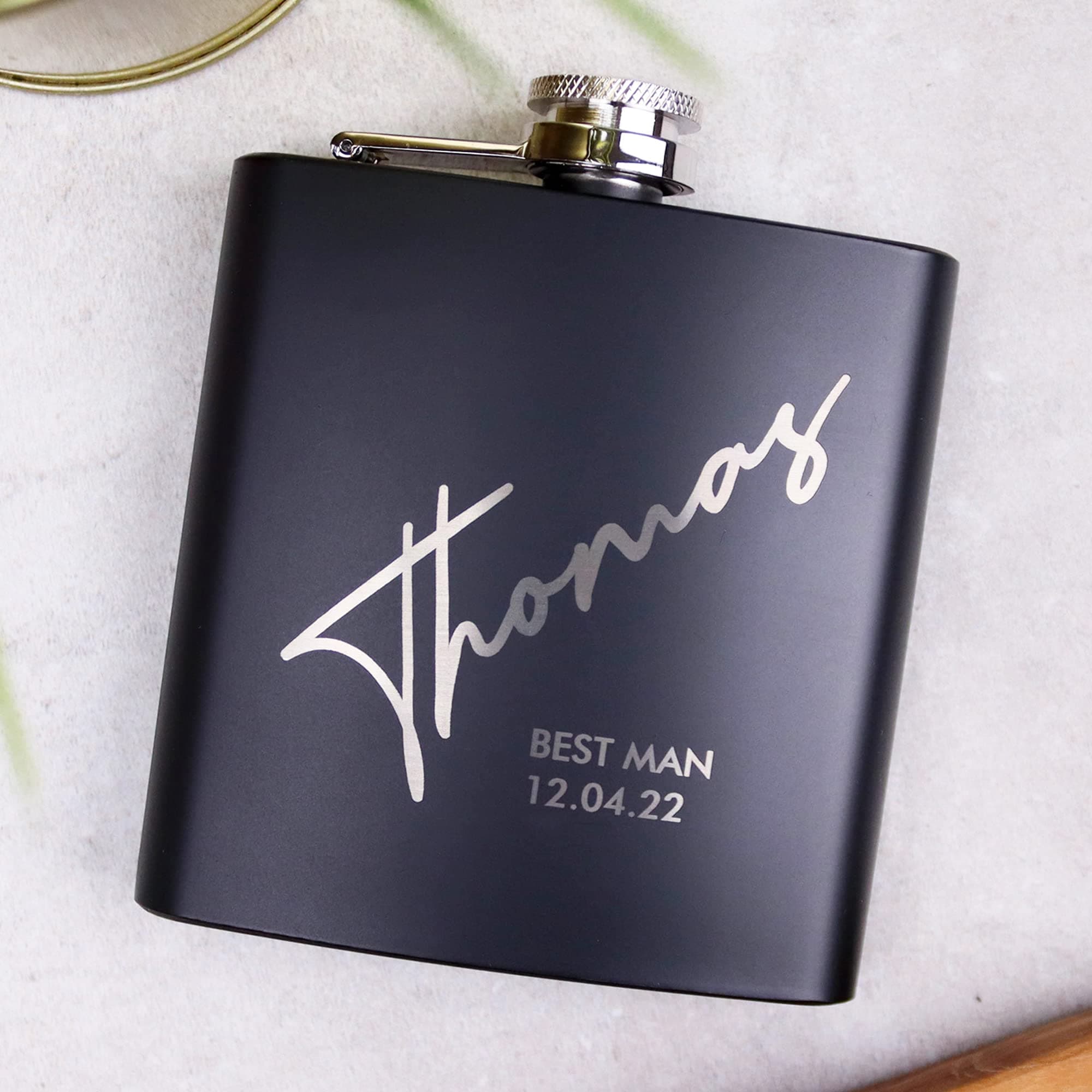 ORIGINALMONKEY Personalised Hip Flask, Groomsman or Best Man/Usher Gift 6oz Hip Flask and Funnel With Black Gift Box OMG10-BLKHIP