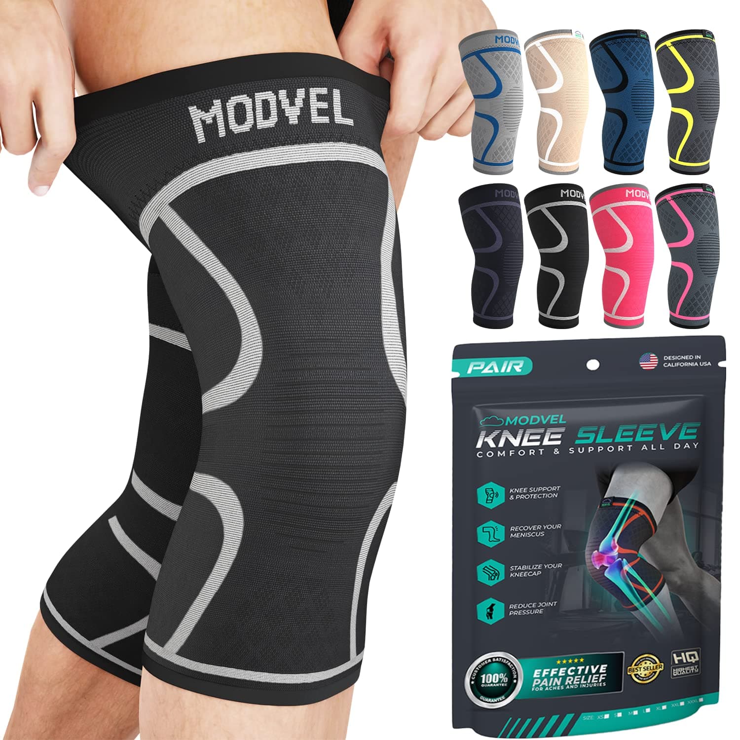 MODVEL 2 Pack Knee Brace Compression Sleeve for Men & Women | Knee Support for Running | Medical Grade Knee Pads for Meniscus Tear, ACL, Arthritis, Joint Pain Relief. (M)