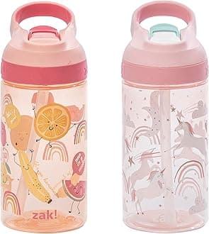 Atlantic Kids Water Bottle For School or Travel, 16oz Durable Plastic Water Bottle With Straw, Handle, and Leak-Proof, Pop-Up Spout Cover, 2-Pack (Fanciful Unicorn and Happy Fruit)