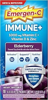 Emergen-C Immune+ Triple Action Immune Support Powder, BetaVia (R), 1000mg Vitamin C, B Vitamins, Vitamin D and Antioxidants, Elderberry – 18 Count