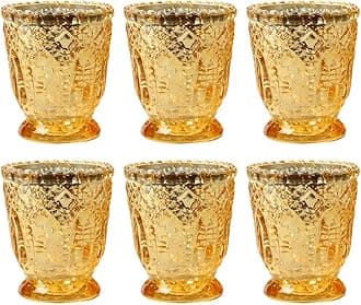 Vintage Glass Candle Holder - Votive Tea Light Candleholders -Décor for Dinner Parties, Holidays, Weddings & Birthdays - 3 x 2.75, Antique Gold (Pack of 6)