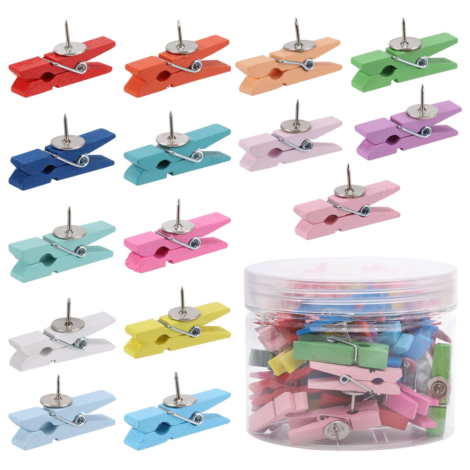 50Pcs Wooden Clips Push Pins Tacks for Cork Board Artwork for Crafts Arts Projects Photo Supplies(Colorful)