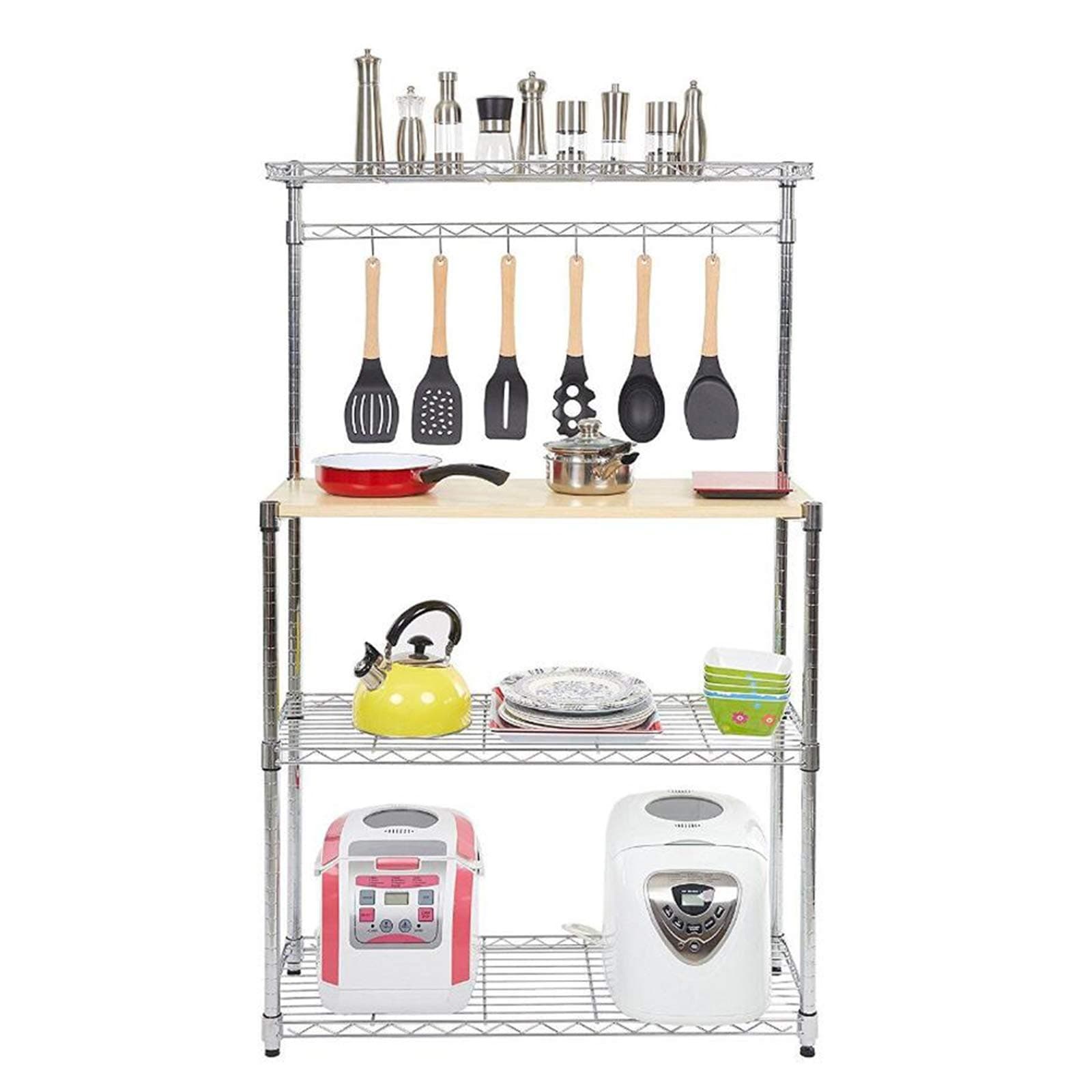4-Tier Industrial Microwave Stand,Kitchen Baker's Rack with 6 Hooks,Kitchen Storage Shelf Rack for Spices, Pots and Pans