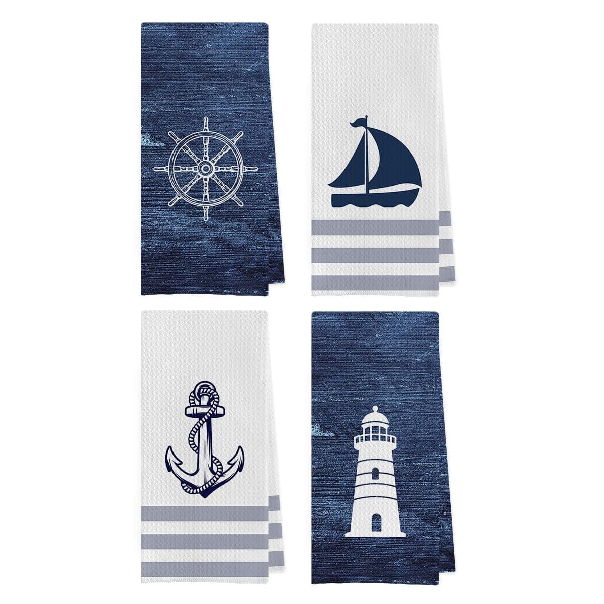 Nautical Hand Towel - 100% Waffle Weave Microfiber, Quick Dry, Absorbent, Coastal Bathroom Decor, Set of 4, Navy Blue, Small, Square, 16x24 inches