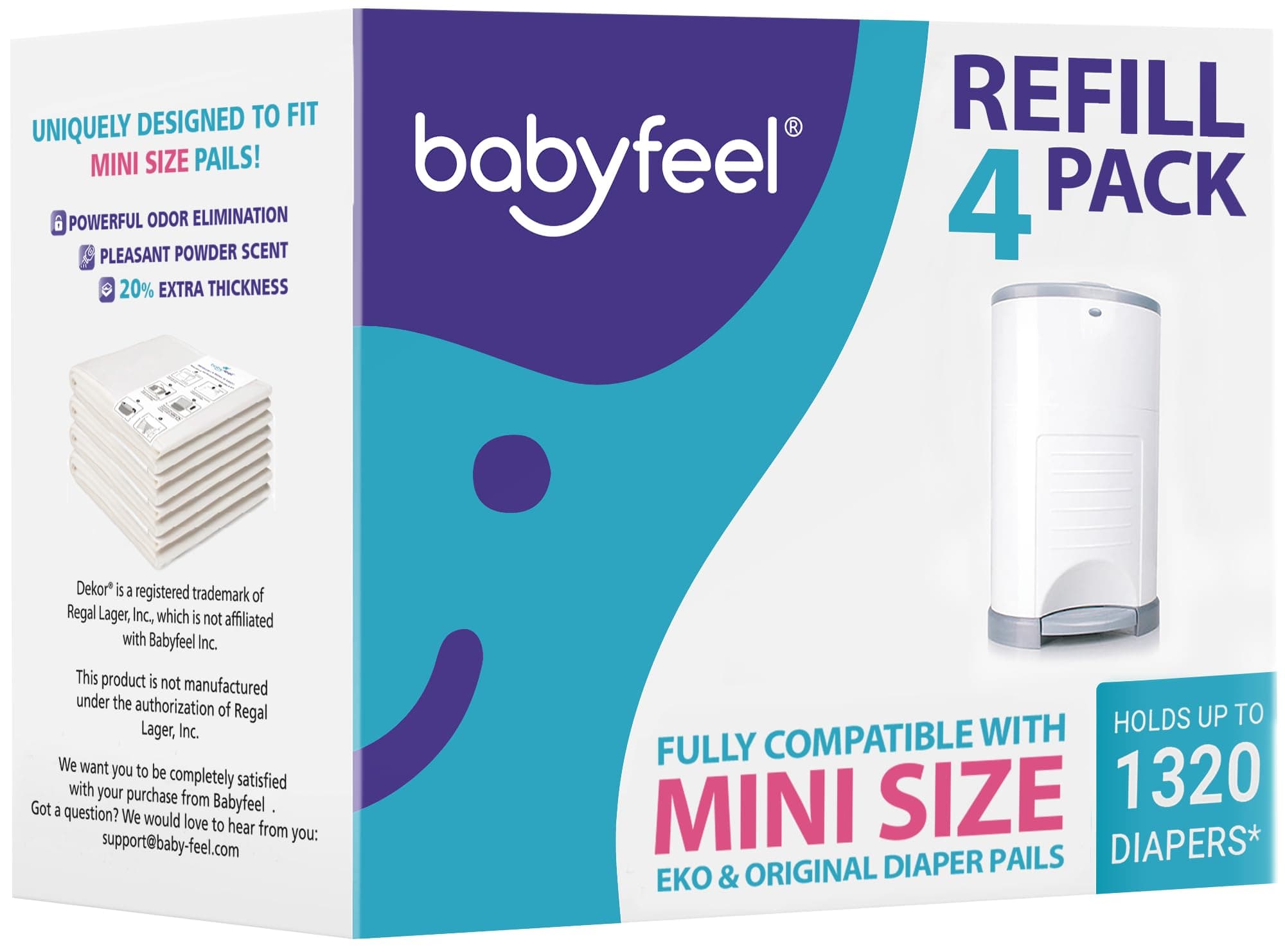 Babyfeel Refills Compatible with DEKOR MINI Diaper Pails | 4 Pack | Exclusive 20% Extra Thickness | Diaper Pail Refills with Powerful Odor Elimination | Powder Scent | Holds up to 1320 Diapers