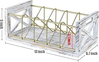 FARM IN DVD Storage,5-Slot Farmhouse Industrial DVD & CD Storage，CD Holder Rack with Handles, Barn Door “X-Cross” Design,Washed White Solid Wood & Gold Metal