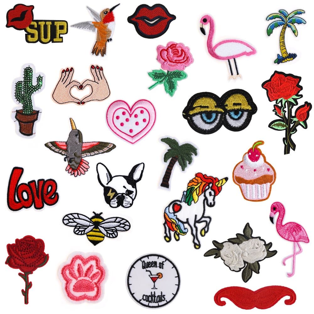 Iron On Patches 24 Pieces - Assorted Cool Patches Fabric Embroidered Patches Motif Applique Kit Decoration, DIY Sew on Patch for Clothing, Jeans Jacket, Handbag, Backpacks, Skirts, Canvas Shoes, Caps