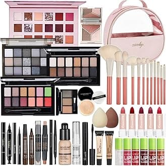 All In One Makeup Kit, Travel Gift Set, Kit For Women Full Bundle Includes Foundation Eyeshadow Palette Lipstick Eyeliner Mascara Contour Stick Cosmetic Brush Set