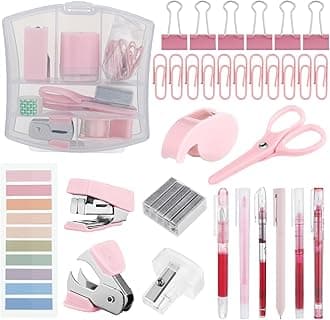 Mini Office Supply Kit Include Stapler Tape Dispenser Staple Remover Paper Clip Scissor Staple Pen Sharpener Note Small Telescopic Knife for Office Back to School Supplies Student Clerk(Pink)