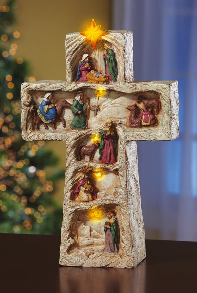 Collections Etc Lighted Christmas Nativity Cross Decoration