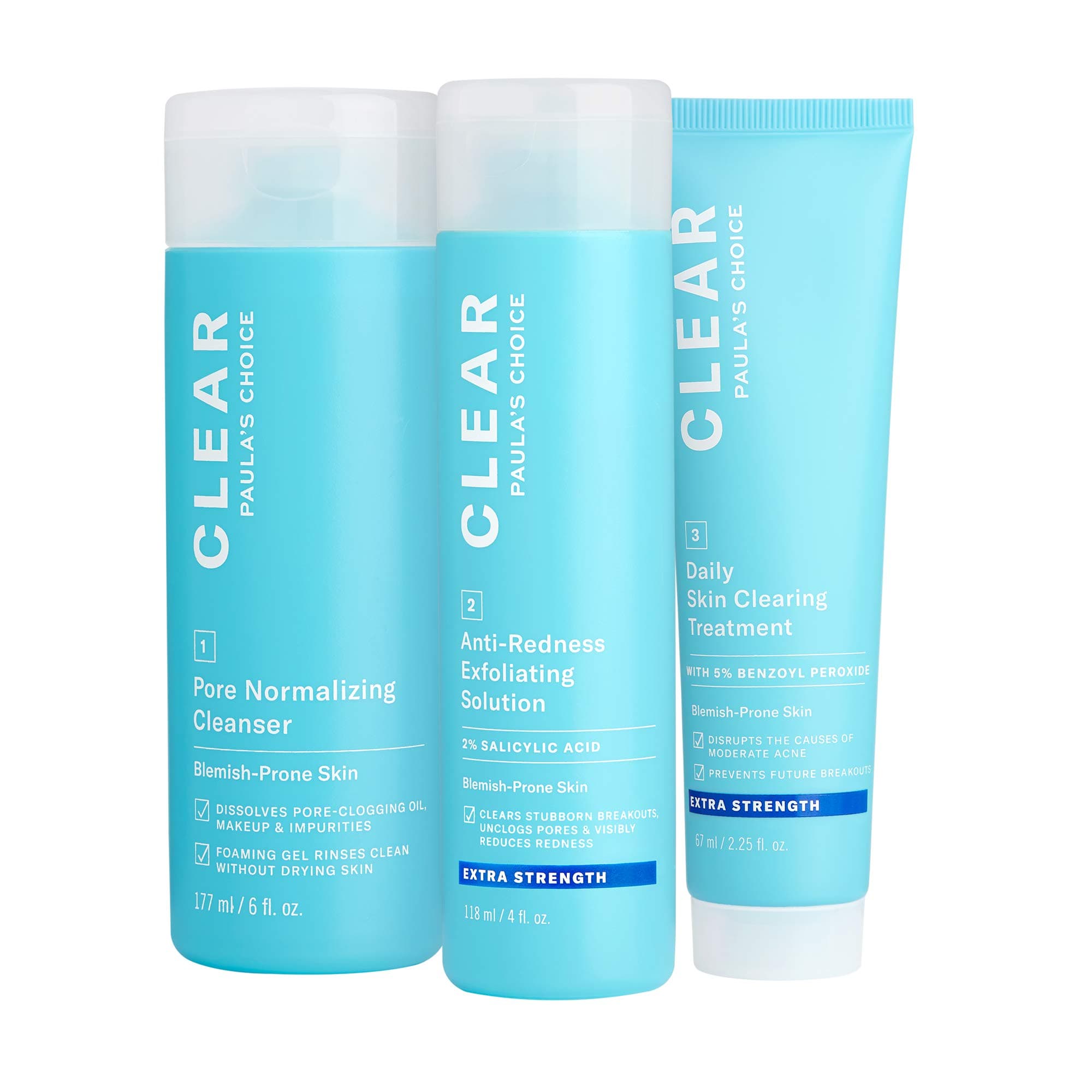 Paula's Choice CLEAR 3-Piece Acne Kit, Includes Daily Cleanser, 2% Salicylic Acid Exfoliant & Benzoyl Peroxide Treatment, Prevents & Treats Mild to Severe Acne & Breakouts, Fragrance-Free, Set of 3