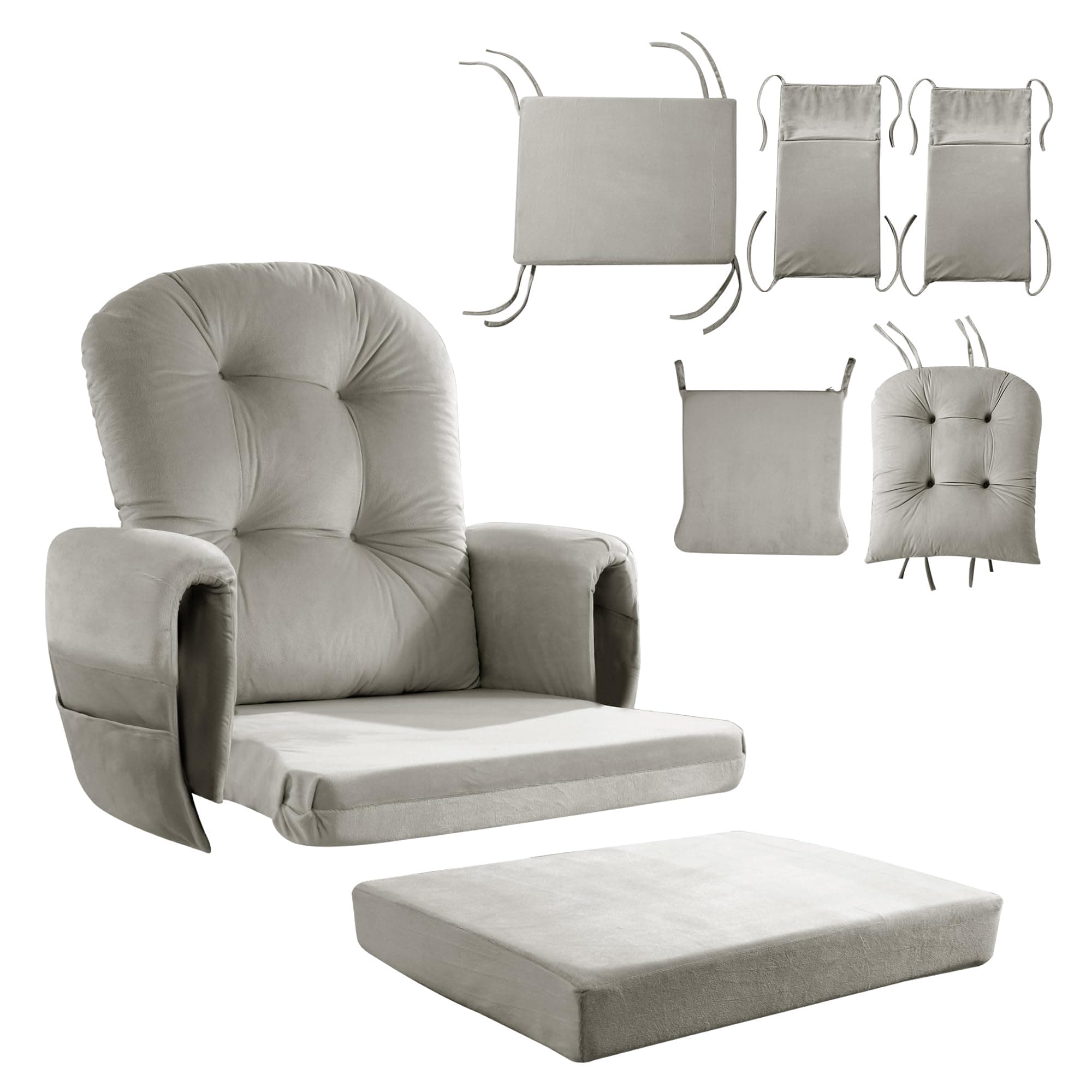 HOMBYS Glider Rocker Replacement Cushions 5 PCS with Storage Side Pocket, Velvet Fabric, Foam & Microfiber Filling, Non-Slip & Washable,Thickened & Supportive for Glider Rocking Chair-Khaki